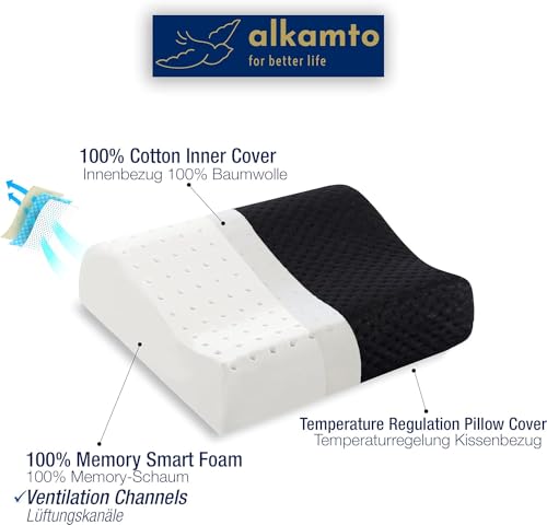 alkamto Travel & Camping Comfortable Memory Foam Pillow – Easy to Carry Portable Bag – Temperature Regulating Pillow Case (Black Contour) - size: Black Contour Travel