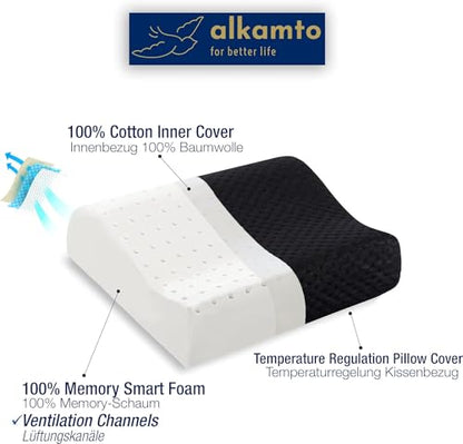 alkamto Travel & Camping Comfortable Memory Foam Pillow – Easy to Carry Portable Bag – Temperature Regulating Pillow Case (Black Contour) - size: Black Contour Travel