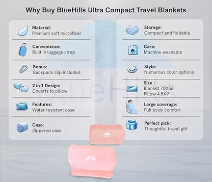 BlueHills Ultra Compact Travel Blanket Pillow in Portable Bag Case Soft with Strap Backpack Clip Premium Cozy Soft Compact Pack Large Blanket for Airplane Flight Layover - (Pink C006, 70 x 56 inch) - color: C006-pink