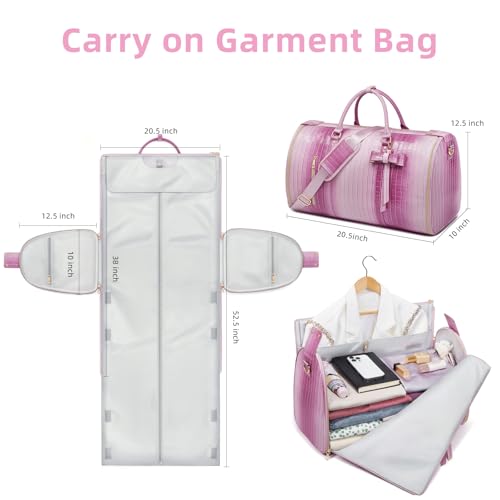 Convertible Garment Duffle Bag for Women, Foldable 2-in-1 Carry On Travel Bag with Shoe Compartment & Toiletry Pocket, PU Leather Stylish Garment Bags for Business Trip, Vacation, Pink-White - color: Rose-Pink