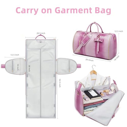 Convertible Garment Duffle Bag for Women, Foldable 2-in-1 Carry On Travel Bag with Shoe Compartment & Toiletry Pocket, PU Leather Stylish Garment Bags for Business Trip, Vacation, Pink-White - color: Rose-Pink