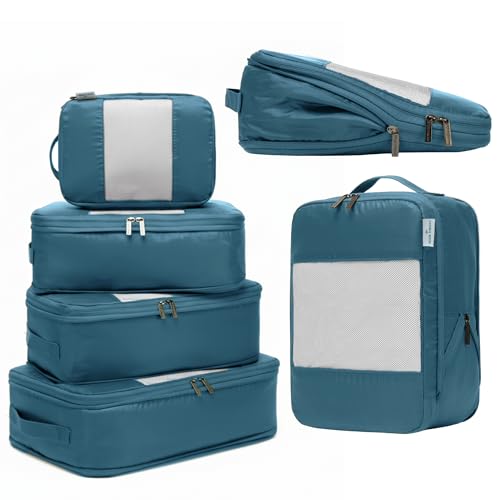 6-Pack Large Compression Packing Cubes for Travel - Lightweight Compression Packing Cube Set, Water-Resistant Luggage Organizer Bags & Suitcase Organizers, Travel Cubes for Carry-On, Checked Luggage - color: Teal