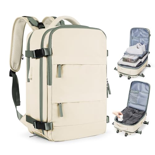 coofay Vacuum Backpack Travel with Pump Vacpack Travel Backpack with Vacuum System Compression Backpacks - color: A3-beige With Green, size: Large