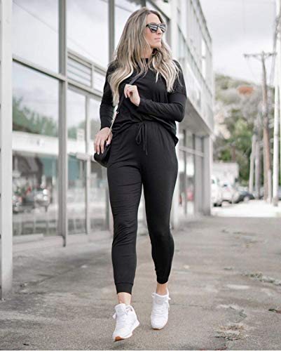 PRETTYGARDEN Women Fall 2 Piece Lounge Outfit Long Sleeve Tops High Waisted Jogger Pants Set Spring Travel Clothes Tracksuit - color: Black, size: Small