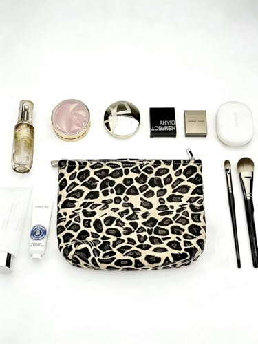 Brown Leopard Canvas Makeup Bag Organizer for Women & Girls - Large Capacity Travel Toiletry Pouch | Purse Organizer Cosmetic Zipper Bag - color: leopard print