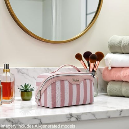 BOYATU Travel Makeup Bag Cosmetic Bag for Women: 3 Pcs Set Striped Make up Bag with Compartments - Waterproof Vegan Leather Toiletry Bags with Handle - Makeup Organizer for Travel Essentials(A-3-Pink) - color: A-3-Pink