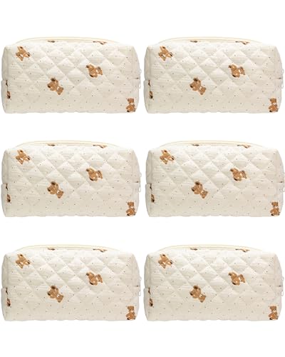 PAZIMIIK 6PCS Vintage Quilted Makeup Bag SET Cosmetic Pouch for Brushes Pencils and Travel Make Up Accessories for Women and Girls Bear Beige - color: Bear Beige, size: 6PCS