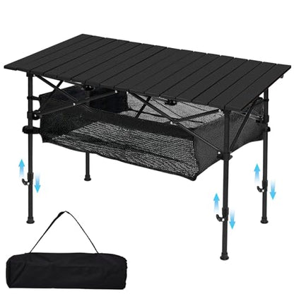 SHANQUAN Camping Table Roll up Table, Fold up Lightweight Compact 4-6 Person Portable Adjustable Height Roll up Aluminum Table with Carry Bag for Outdoor, Camping, Picnic, Backyards, BBQ - size: 47.2*25.6 inch/Adjustable