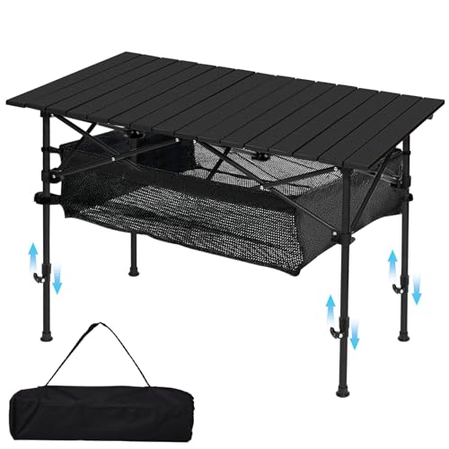 SHANQUAN Camping Table Roll up Table, Fold up Lightweight Compact 4-6 Person Portable Adjustable Height Roll up Aluminum Table with Carry Bag for Outdoor, Camping, Picnic, Backyards, BBQ - size: 47.2*25.6 inch/Adjustable