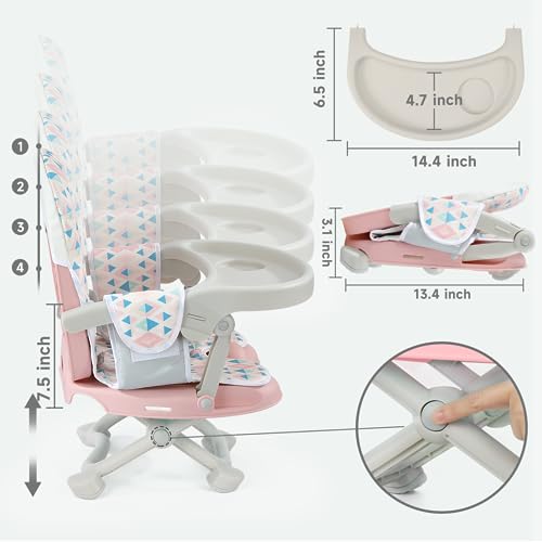 YOLEO Baby High Chair Booster Seat for Dining Table, Foldable High Chairs with Adjustable Heights, Travel Booster Seat with Removable Tray - color: Pink, size: With Cushion
