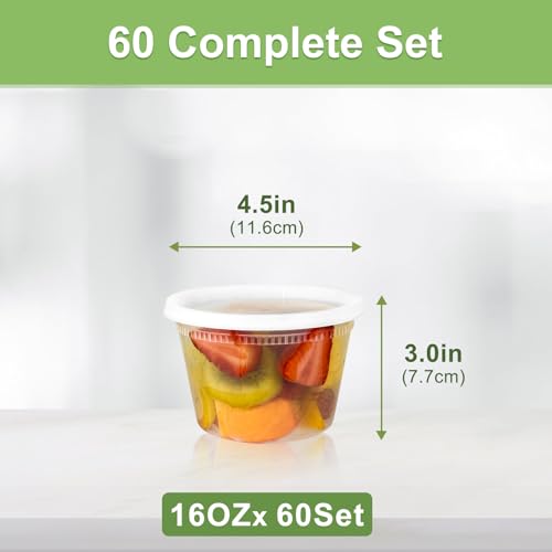 Dipoo 60 Sets (120-Piece) Deli Containers with Lids 16 oz, Leak-Proof & BPA Free Airtight Takeout Plastic Food Storage Containers for Soup, Freezer/Microwave/Dishwasher Safe - size: 16 oz - 60 Sets