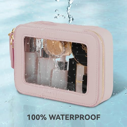 Prite Clear Makeup Bag Cosmetic Organizer Case Waterproof Travel Toiletry Bag Skincare Pouch with Golden Zipper(Pearlescent Pink) - color: Pearlescent Pink, size: Standard - Single Layer
