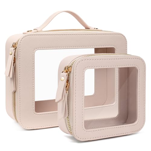 Travel Clear Makeup Bag Set, TSA Approved Cosmetic Bag Case with Zipper Portable Makeup Pouch Toiletry Bag Traveling Cosmetic Organizer Storage Bag Car Organizer Car Essentials - color: Mini + XL Luxe Beige