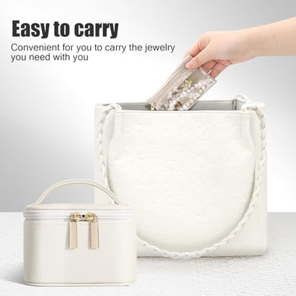 DesignSter Small Jewelry Box, Travel Small Jewelry Organizer with Earring Tray and Ring Holder, Square Travel Jewelry Storage Case with 6 Velvet Jewelry Pouches, Beige - color: Beige