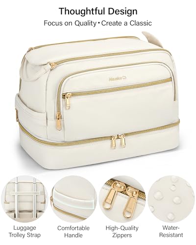 Hanke Travel Toiletry Bag, Lightweight Wide-open Makeup Bag, Dual-Layer Travel Bag for Toiletries Water-Resistant Cosmetic Bags Large Toiletry Bags for Women & Men, Travel Essentials, Off White - color: Off White
