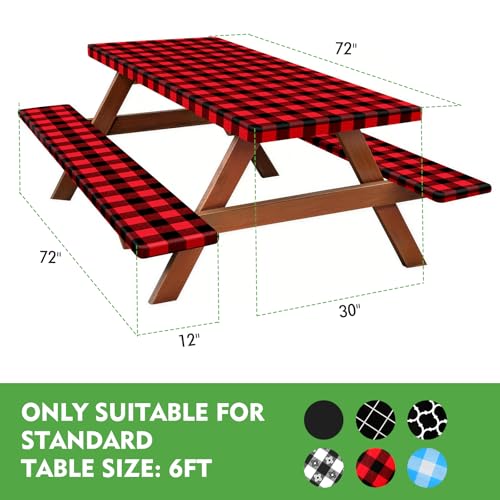 Picnic Table Cover with Bench Covers, Fitted 6ft Waterproof Tablecloth Set for Outdoor Camping & RV - Includes 1 Table Cover & 2 Bench Covers with Drawstring Storage Bag, 30"x72", Red Black Grid - color: Red Black Grid