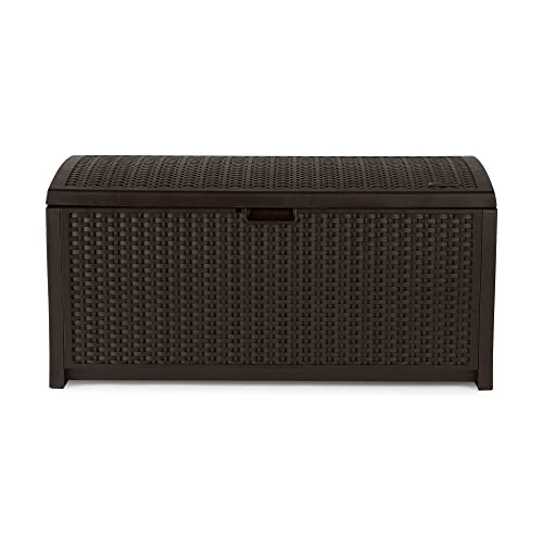 Suncast Outdoor Storage Box - 73 Gallon Mocha Brown Deck Box for Patio, weather-resistant Outdoor Storage Bench, Resin Wicker Style, Heavy-Duty, Lockable Lid for Cushions, Shoes, Pool & Garden Gear - style: Deck Box