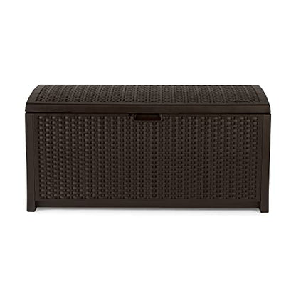 Suncast Outdoor Storage Box - 73 Gallon Mocha Brown Deck Box for Patio, weather-resistant Outdoor Storage Bench, Resin Wicker Style, Heavy-Duty, Lockable Lid for Cushions, Shoes, Pool & Garden Gear - style: Deck Box