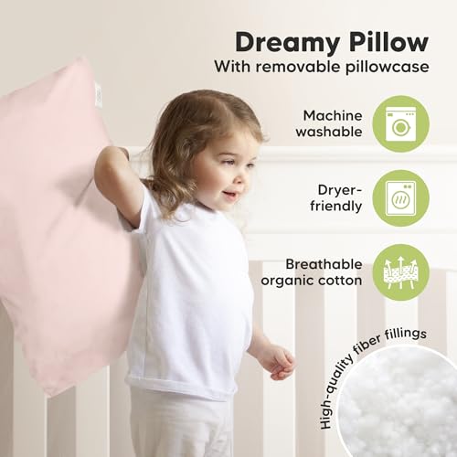 KeaBabies Organic Toddler Pillow with Pillowcase, Jumbo 14X20 - Soft Cotton Toddler Pillows for Sleeping - Machine Washable - Perfect for Travel, Toddler Bed Set (Mist Pink) - color: Mist Pink