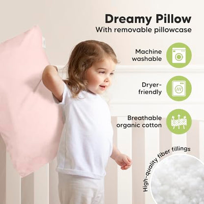 KeaBabies Organic Toddler Pillow with Pillowcase, Jumbo 14X20 - Soft Cotton Toddler Pillows for Sleeping - Machine Washable - Perfect for Travel, Toddler Bed Set (Mist Pink) - color: Mist Pink
