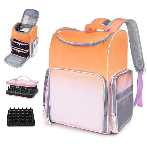 Nail Polish Organizer Bag Large Nail Polish Storage Organizer Case Backpack Holds 60 Bottles and Nail Lamp with 2 Removable Case Professional Nail Supplies Organizer for Manicurist - color: 9.Orange Pink