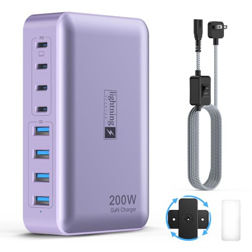 8-Port Type C Fast Charger Block 200W with Flat Plug, Braided Power Cord, and On/Off Switch- USB Charging Hub for iPhone, iPad, MacBook and More- 65W C Port Power Adapter for Laptops - color: 200W Charger Purple