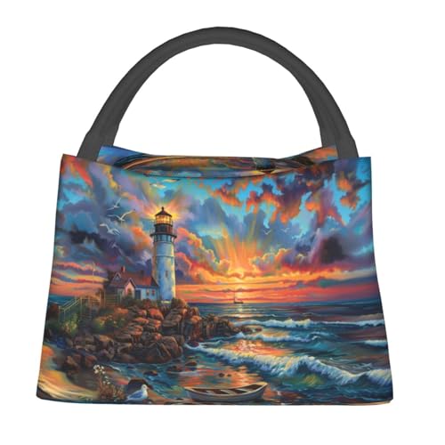 Lunch Bag for Women, Colorful Lighthouse Sunset Insulated Lunch Box for Kids Girls, Reusable Lunch Bag for Office, Work, Picnic, Travel, School - color: Colorful Lighthouse Sunset
