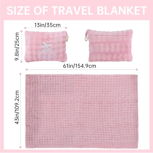 Travel Blanket and Pillow-2-in-1, Ultra-Soft&Compact, Airplane Blanket with Hand Luggage Belt and Backpack Clip,Travelers Accessories Gifts, 61x43 Inches(Pink - color: Pink