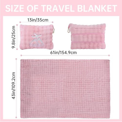Travel Blanket and Pillow-2-in-1, Ultra-Soft&Compact, Airplane Blanket with Hand Luggage Belt and Backpack Clip,Travelers Accessories Gifts, 61x43 Inches(Pink - color: Pink