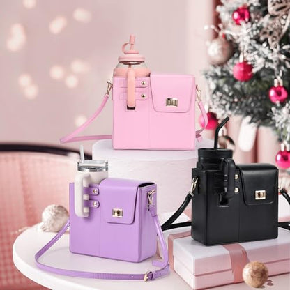 Outdoor Portable Crossbody Water Cup Purse Bag Water Bottle Carrier Bag with Phone Pocket Tumbler Carrier with Strap - color: Pink