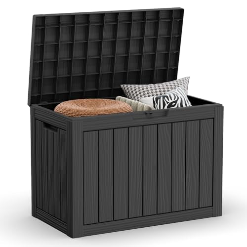 44 Gallon Outdoor Deck Box, Lockable Waterproof Outdoor Storage Boxes For Garden Tools,Indoor Cushions,Accessories Outside Storage Resin Weatherproof Container(Black) - color: Black, size: 44 Gallon