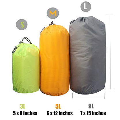 Frelaxy Stuff Sack Set 3-Pack (3L&5L&9L), Ultralight Ditty Bags with Dust Flap for Traveling Hiking Backpacking - color: Neon Green&Orange&Gray