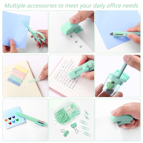 Green Mini Office Supply Kit Mini School Supplies Desk Accessory Set Includes Mini Stapler Pencil Sharpener Staple Remover Hole Punch Ballpoint Pen Scissor Box Cutter Paper Clips Sticky Index Tabs - color: Green