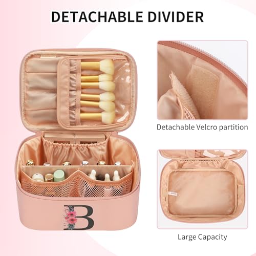OCHEAL Initial Makeup Bag,Monogram Make up Bag Pink Travel Makeup Organizer Case Beauty Toiletry Cosmetic Bag with Brush Holder, Trendy Stuff Personalized Gifts for Women and Girls-B - color: Pink, style: B