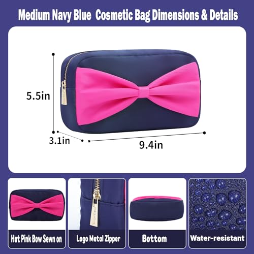 Small Makeup Bag for Women Fashion Travel Cosmetic Pouch Mini Toiletry Kit Bag with Bow (M,NavyBlue-Bow) - color: NavyBlue-Bow, size: M