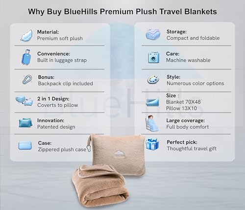 BlueHills Premium Soft Tall Travel Blanket Pillow for Airplane Traveling Essentials Long Flight Trip Throw in Bag case with Backpack Clip Compact Large Plane Accessories Beige T053 - color: Beige-long-t053