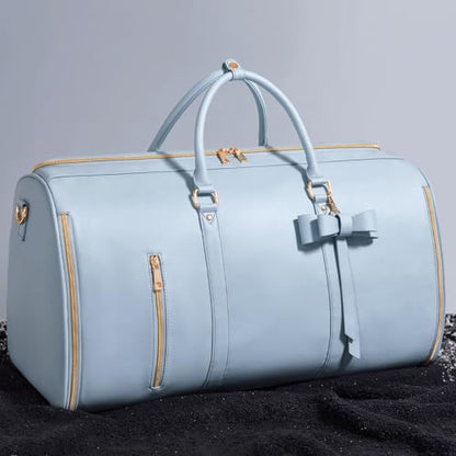 Travel Duffel Bag, Convertible Travel Garment Bag for Women, Fashion & Cute Carry On Duffle Bag w/Shoes Pouch, 2 in 1 Foldable PU Leather Hanging Duffle Bag, Single-Zipper Design, Blue - color: Light Blue