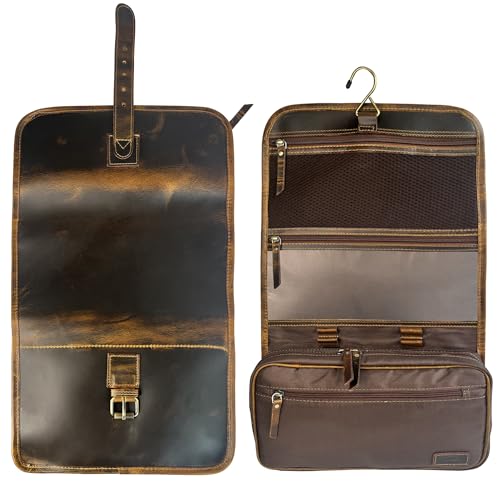 RUSTIC TOWN Leather Hanging Toiletry Bag for Men - Travel Shaving Dopp Kit - Bathroom Shower Toiletries Organizer - Leather Cosmetic Makeup Bag for Women - color: Brown