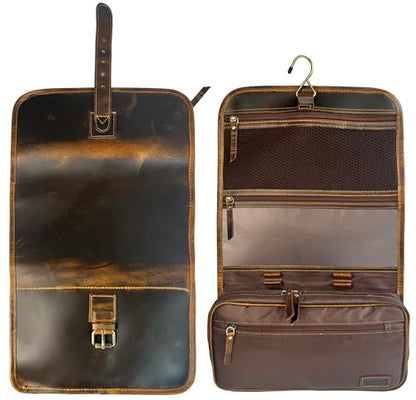 RUSTIC TOWN Leather Hanging Toiletry Bag for Men - Travel Shaving Dopp Kit - Bathroom Shower Toiletries Organizer - Leather Cosmetic Makeup Bag for Women - color: Brown