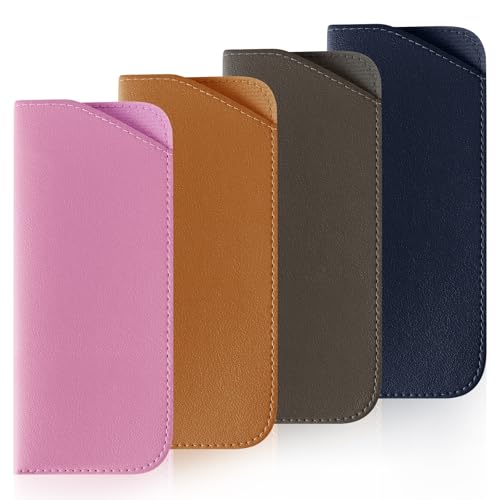 4 Packs Soft Eyeglass Cases Portable Pu Leather Glasses Pouch Squeeze Top Sunglass Case for Women Men - color: Brown, Purple, Dark Blue, Dark Gray