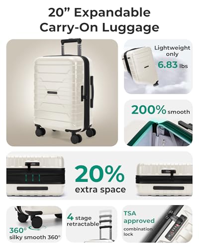 BAGSMART Carry On Luggage 22x14x9 Airline Approved with Spinner Wheels,Lightweight 20 Inch Luggage with TSA Lock,Expandable Hard Shell Carry On Suitcases for Men Women,White - color: White