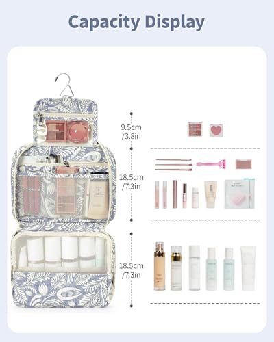 Narwey Small Hanging Travel Toiletry Bag for Women, Travel Bag for Toiletries, Makeup Bag Organizer Cosmetic Bags Make Up Bags for Girls - color: Blue Leaf