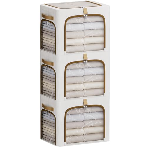 CYhom Clothes Storage Bins with Metal Frame,3 See-Through Windows Openings Clothing Storage Bin,3 Pack Foldable Storage Bins Boxes for Closet (White, 43L-16.5 x 12.6 x 12.6IN) - color: White, size: 16.5 x 12.6 x 12.6 in