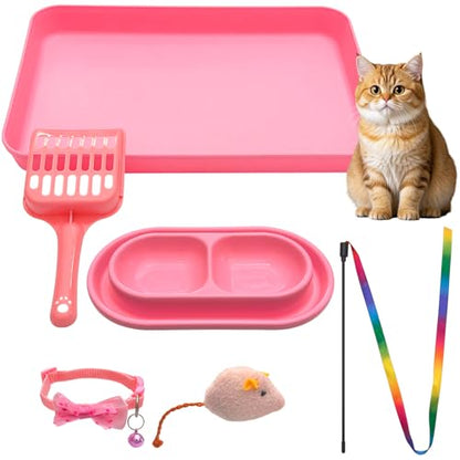 Kitten Starter Kit for Indoor Kittens, Pink Litter Box Access & Scoop, Dish Feeding Bowl, Adjustable Bell Collar, Mouse Toy - Low Entry Baby Cats Training Kits, New Kitten Essentials