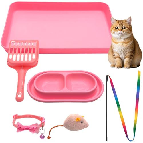 Kitten Starter Kit for Indoor Kittens, Pink Litter Box Access & Scoop, Dish Feeding Bowl, Adjustable Bell Collar, Mouse Toy - Low Entry Baby Cats Training Kits, New Kitten Essentials