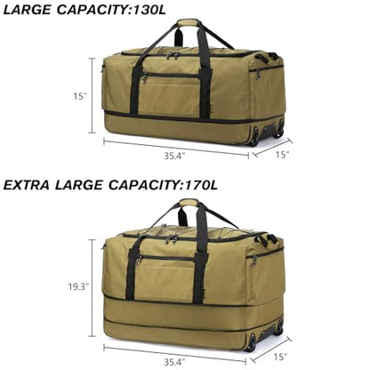 Laripwit Collapsible Duffle Bag with Wheels 130-170L Extra Large Expandable Travel Duffel Bag for Men Women Heavy Duty Military Duffle Bag for Camping Rolling Foldable Carry On Luggage, Brown - color: Brown