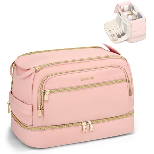 Hanke Travel Toiletry Bag, Lightweight Wide-open Makeup Bag, Dual-Layer Travel Bag for Toiletries Water-Resistant Cosmetic Bags Large Toiletry Bags for Women & Men, Travel Essentials, Pink - color: Pink