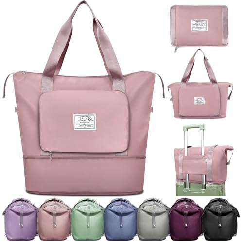 Ranslen Large Capacity Folding Travel Bag,Expansion Travel Duffel Bag with Dry and Wet Separation Portable Travel Duffel Bag - color: Pink