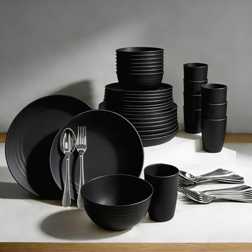 48 Piece Plates and Bowls Sets for 8- Unbreakable Wheat Straw Dinnerware Sets Includes Stainless Steel Forks for Picnic Camping Outdoor Kitchen and Apartment Dinning RV Essentials-Black - color: Black, size: 48PCS