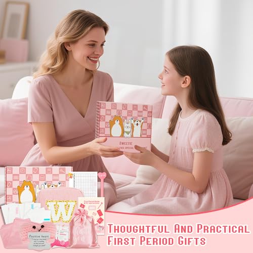 Essential First Period Kit for Girls 9-12 with Custom Initial Bag-Letter W,Period Bags,Tracker and More for Tweens Girls